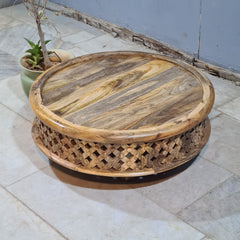 Vintage Natural Round Coffee Table – Handcrafted Solid Wood Bohemian Center Table with Rustic Carved Detailing (Copy)