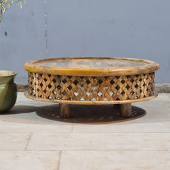 Vintage Natural Round Coffee Table – Handcrafted Solid Wood Bohemian Center Table with Rustic Carved Detailing (Copy)