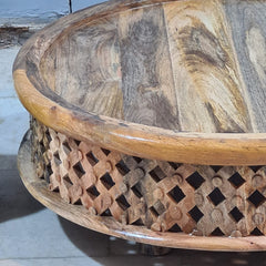 Vintage Natural Round Coffee Table – Handcrafted Solid Wood Bohemian Center Table with Rustic Carved Detailing (Copy)
