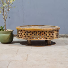 Vintage Natural Round Coffee Table – Handcrafted Solid Wood Bohemian Center Table with Rustic Carved Detailing (Copy)