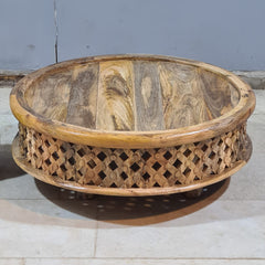 Vintage Natural Round Coffee Table – Handcrafted Solid Wood Bohemian Center Table with Rustic Carved Detailing (Copy)
