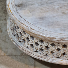 Vintage Whitewashed Round Coffee Table – Handcrafted Solid Wood Bohemian Center Table with Rustic Carved Detailing