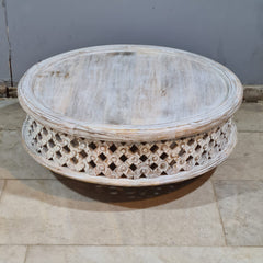 Vintage Whitewashed Round Coffee Table – Handcrafted Solid Wood Bohemian Center Table with Rustic Carved Detailing