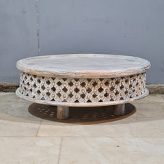 Vintage Whitewashed Round Coffee Table – Handcrafted Solid Wood Bohemian Center Table with Rustic Carved Detailing