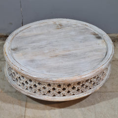 Vintage Whitewashed Round Coffee Table – Handcrafted Solid Wood Bohemian Center Table with Rustic Carved Detailing