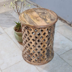 Modern Natural Wooden Drum Side Table – Handcrafted Solid Wood Accent Table with Open Lattice Detailing