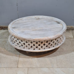 Vintage Whitewashed Round Coffee Table – Handcrafted Solid Wood Bohemian Center Table with Rustic Carved Detailing