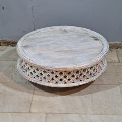 Vintage Whitewashed Round Coffee Table – Handcrafted Solid Wood Bohemian Center Table with Rustic Carved Detailing