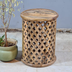 Modern Natural Wooden Drum Side Table – Handcrafted Solid Wood Accent Table with Open Lattice Detailing