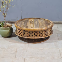 Vintage Natural Round Coffee Table – Handcrafted Solid Wood Bohemian Center Table with Rustic Carved Detailing (Copy)
