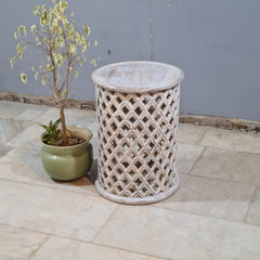 Modern Rustic Wooden Drum Side Table – Handcrafted Solid Wood Accent Table with Open Lattice Detailing