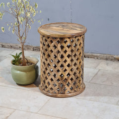 Modern Natural Wooden Drum Side Table – Handcrafted Solid Wood Accent Table with Open Lattice Detailing
