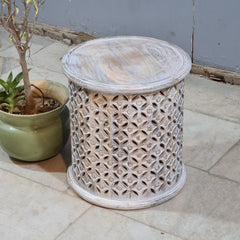 Hand Carved Round Wooden Side Table Stool – Whitewash Finish Accent Table | Boho End Table, Rustic Bedside Table & Decorative Home Furniture