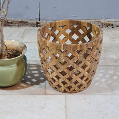 Vintage Natural Wooden Planter Cover – Handcrafted Bohemian Lattice Basket for Indoor Plants & Decor