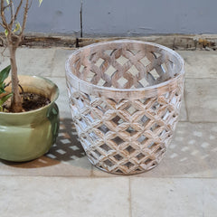 Vintage Whitewashed Wooden Planter Cover – Handcrafted Bohemian Lattice Basket for Indoor Plants & Decor