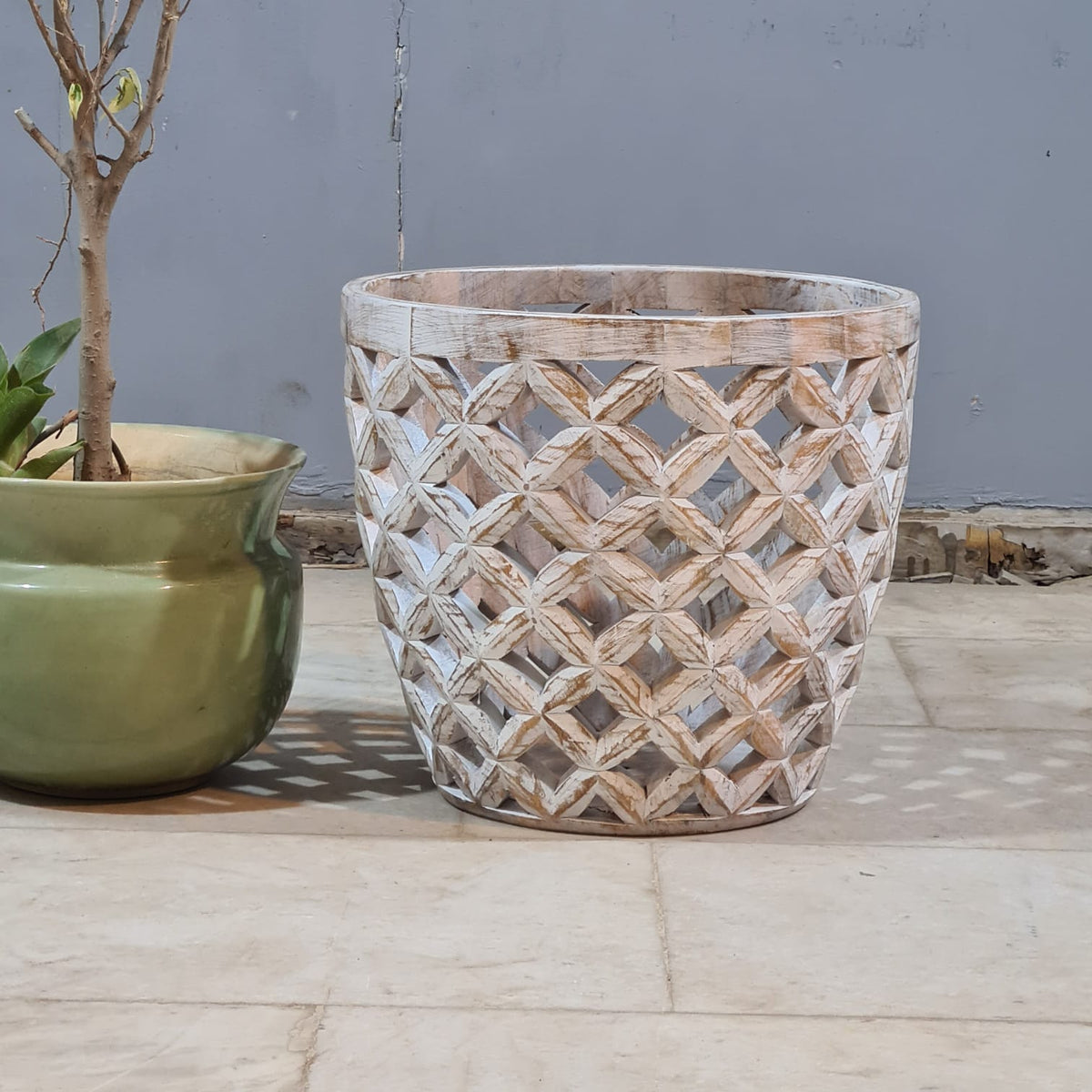 Vintage Whitewashed Wooden Planter Cover – Handcrafted Bohemian Lattice Basket for Indoor Plants & Decor