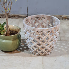 Vintage Whitewashed Wooden Planter Cover – Handcrafted Bohemian Lattice Basket for Indoor Plants & Decor