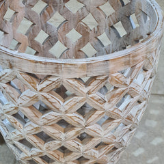 Vintage Whitewashed Wooden Planter Cover – Handcrafted Bohemian Lattice Basket for Indoor Plants & Decor