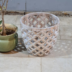 Vintage Whitewashed Wooden Planter Cover – Handcrafted Bohemian Lattice Basket for Indoor Plants & Decor