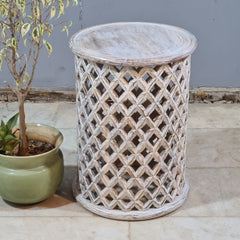 Modern Rustic Wooden Drum Side Table – Handcrafted Solid Wood Accent Table with Open Lattice Detailing