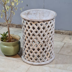 Modern Rustic Wooden Drum Side Table – Handcrafted Solid Wood Accent Table with Open Lattice Detailing