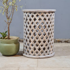 Modern Rustic Wooden Drum Side Table – Handcrafted Solid Wood Accent Table with Open Lattice Detailing