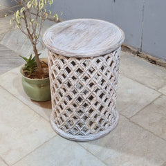 Modern Rustic Wooden Drum Side Table – Handcrafted Solid Wood Accent Table with Open Lattice Detailing