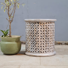 Hand Carved Round Wooden Side Table Stool – Whitewash Finish Accent Table | Boho End Table, Rustic Bedside Table & Decorative Home Furniture