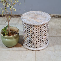 Hand Carved Round Wooden Side Table Stool – Whitewash Finish Accent Table | Boho End Table, Rustic Bedside Table & Decorative Home Furniture