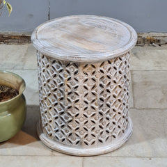 Hand Carved Round Wooden Side Table Stool – Whitewash Finish Accent Table | Boho End Table, Rustic Bedside Table & Decorative Home Furniture