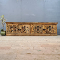 Hand Carved Wooden TV Unit Entertainment Console – Rustic Solid Wood Media Cabinet with 4 Doors | Living Room Storage Sideboard & TV Stand