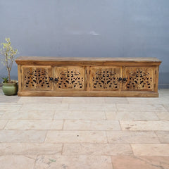 Hand Carved Wooden TV Unit Entertainment Console – Rustic Solid Wood Media Cabinet with 4 Doors | Living Room Storage Sideboard & TV Stand