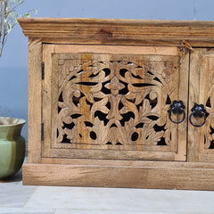 Hand Carved Wooden TV Unit Entertainment Console – Rustic Solid Wood Media Cabinet with 4 Doors | Living Room Storage Sideboard & TV Stand