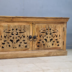 Hand Carved Wooden TV Unit Entertainment Console – Rustic Solid Wood Media Cabinet with 4 Doors | Living Room Storage Sideboard & TV Stand
