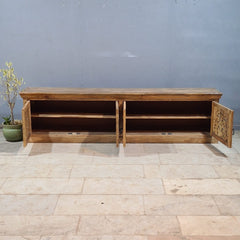 Hand Carved Wooden TV Unit Entertainment Console – Rustic Solid Wood Media Cabinet with 4 Doors | Living Room Storage Sideboard & TV Stand