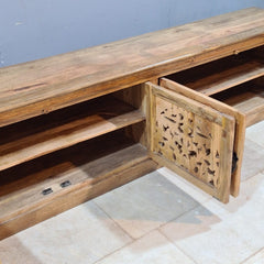 Hand Carved Wooden TV Unit Entertainment Console – Rustic Solid Wood Media Cabinet with 4 Doors | Living Room Storage Sideboard & TV Stand