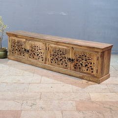 Hand Carved Wooden TV Unit Entertainment Console – Rustic Solid Wood Media Cabinet with 4 Doors | Living Room Storage Sideboard & TV Stand