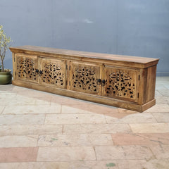 Hand Carved Wooden TV Unit Entertainment Console – Rustic Solid Wood Media Cabinet with 4 Doors | Living Room Storage Sideboard & TV Stand
