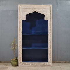 Vintage Hand Carved Wooden Display Shelf – Whitewashed Rustic Bookcase with Moroccan Arch Detailing