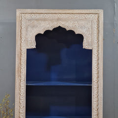 Vintage Hand Carved Wooden Display Shelf – Whitewashed Rustic Bookcase with Moroccan Arch Detailing