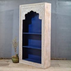Vintage Hand Carved Wooden Display Shelf – Whitewashed Rustic Bookcase with Moroccan Arch Detailing