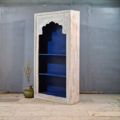 Vintage Hand Carved Wooden Display Shelf – Whitewashed Rustic Bookcase with Moroccan Arch Detailing