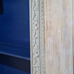 Vintage Hand Carved Wooden Display Shelf – Whitewashed Rustic Bookcase with Moroccan Arch Detailing