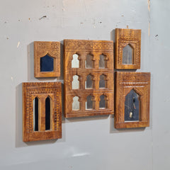 Handcrafted Wooden Wall Mirror Set – Rustic Moroccan Arch Mirror Frames | Boho Farmhouse Wall Decor (Set of 5)