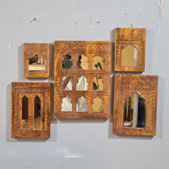 Handcrafted Wooden Wall Mirror Set – Rustic Moroccan Arch Mirror Frames | Boho Farmhouse Wall Decor (Set of 5)