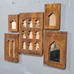 Handcrafted Wooden Wall Mirror Set – Rustic Moroccan Arch Mirror Frames | Boho Farmhouse Wall Decor (Set of 5)