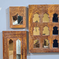 Handcrafted Wooden Wall Mirror Set – Rustic Moroccan Arch Mirror Frames | Boho Farmhouse Wall Decor (Set of 5)