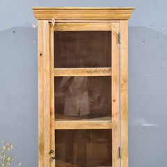 Vintage Wooden Display Cabinet with Glass Door – Handcrafted Rustic Tall Storage Unit with Carved Detailing
