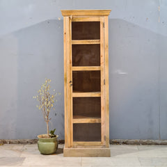 Vintage Wooden Display Cabinet with Glass Door – Handcrafted Rustic Tall Storage Unit with Carved Detailing