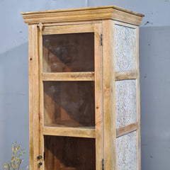 Vintage Wooden Display Cabinet with Glass Door – Handcrafted Rustic Tall Storage Unit with Carved Detailing